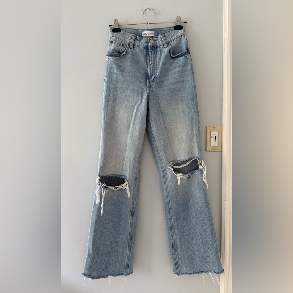 Zara Light Blue Distressed Flare Jeans